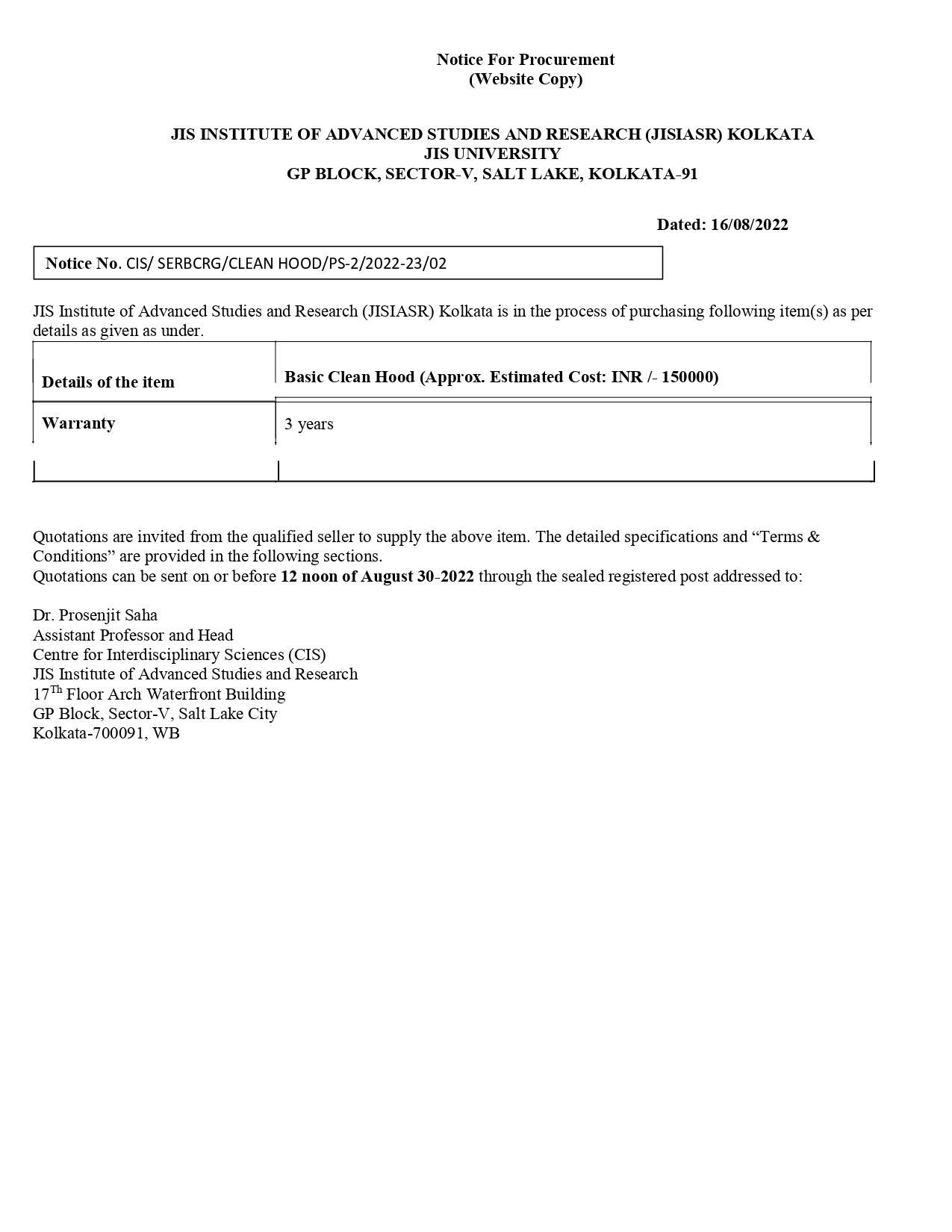 Request of quotations for Basic Clean-Hood